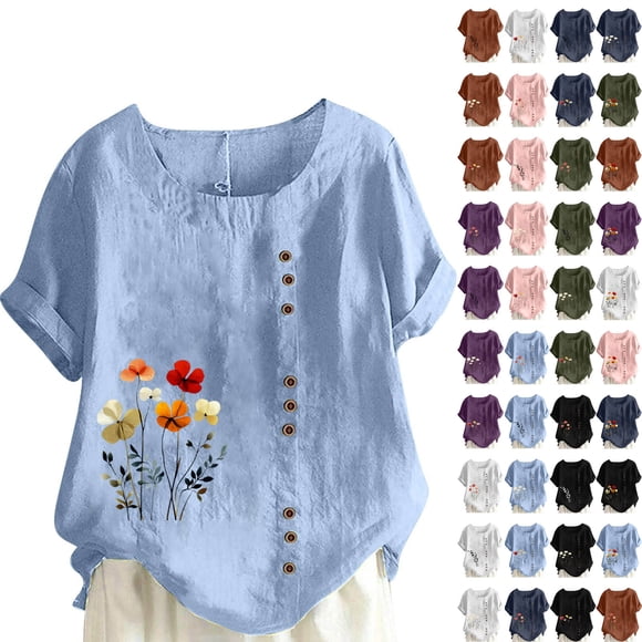 QATAINLAV Short Sleeve T Shirts for Women Fashion Butterfly Print Tees Tops Casual Loose Fit Crewneck Linen Blouse Summer Beach Outfits 90% off Clearance Sale Navy XXXXL