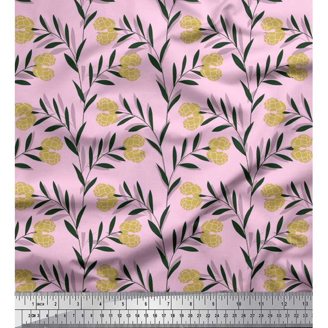 Soimoi Pink polyester Crepe Fabric Leaves & Clover Flower Hand Drawn Print Fabric by Yard 42 Inch Wide