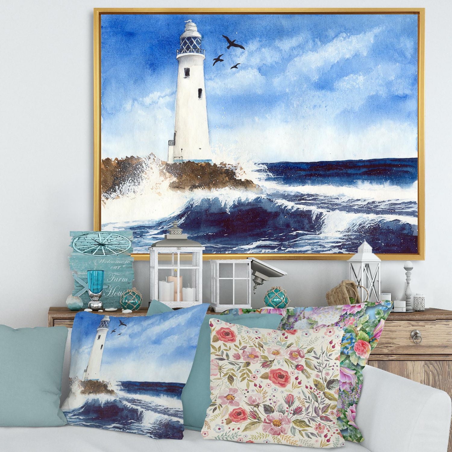 Designart Phare sur l'île rocheuse avec des mouettes ART MURAL À CADRE FLOTTÉ