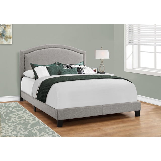Monarch Specialties Bed, Queen Size, Platform, Bedroom, Frame, Upholstered, Linen Look, Wood Legs, Grey, Chrome, Transitional style with a curved grey linen upholstered headboard outlined by chrome nail head trim, supported by dark wood legs, designed for a standard queen size mattress and box spring, shown in a bedroom with light green walls, hardwood floor, and a patterned area rug.