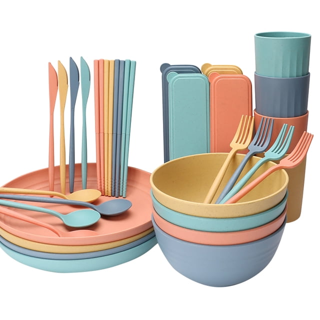 Kyusrd Summer All Home Savings!Whea t Straw Dinnerware Sets for 4 (32pcs),Whea t Straw Dinnerware Sets,Microwave Dishwasher Safe Tableware Lightweight Bowls,Cups,Plates Set Reusable Dinner