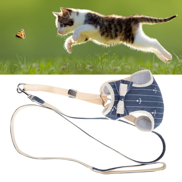Cat Harness And Leash, Comfortable Cat Harness Polyester Cotton  For Cat Navy Blue Stripe,Blue Grid, Dots,Gray Dots