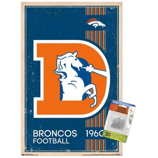NFL Denver Broncos - Retro Logo 14 Wall Poster, 22.375" x 34" featuring a vintage large orange D with a white rearing horse breathing blue smoke inside, set on a distressed blue background with orange and white stripes, text reading Broncos Football 1960, and a small Denver Broncos horse head logo at the top right, printed on glossy poster paper with included clear pushpin clips suitable for decorating bedrooms, offices, or dorm rooms.