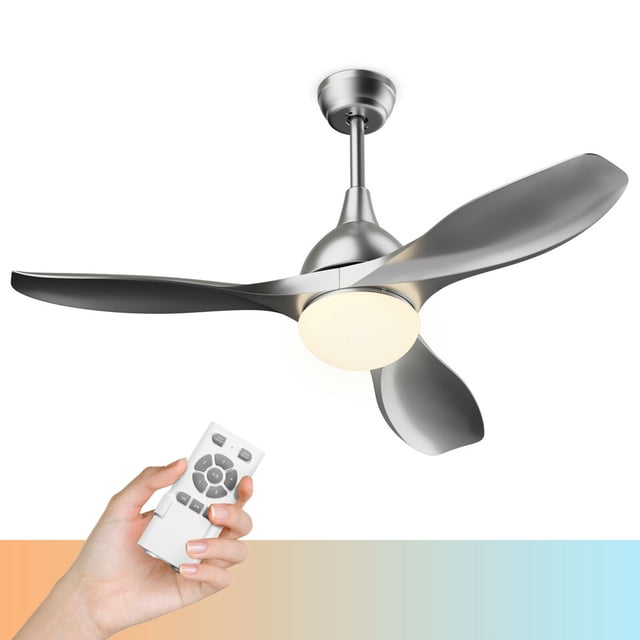 Costway Ventilateur de Plafond 48 Pieds' avec Lumière DEL à Intensité Réglable, Doté de Pales Modernes Réversibles et d'Une Télécommande. le Ventilateur Présente une Finition Argentée Élégante, Trois Pales en ABS et un Abat-Jour en Verre. Comprend des Réglages de Température de Couleur Ajustables, des options à 5 Vitesses, un Moteur Ultra Silencieux et une Fonction Minuterie de 8 Heures. Conception Écoénergétique Adaptée aux Salons, Chambres et patios Fermés.