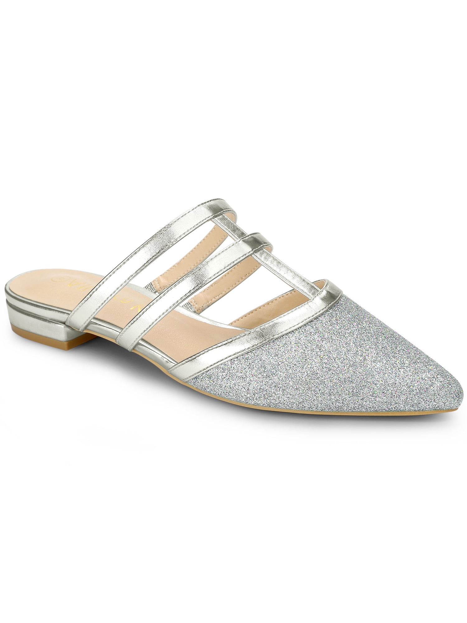 BLISSFUL STEP Women's Glitter Pointy Toe Flats Mules