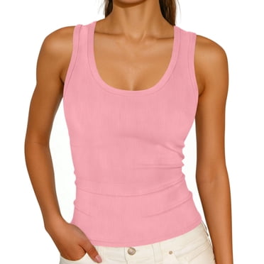 Wo-Fusoul Tank Top for Women Solid Ribbed Fleece Sleeveless Cami Shirt Round Neck Fitted Casual Summer Top