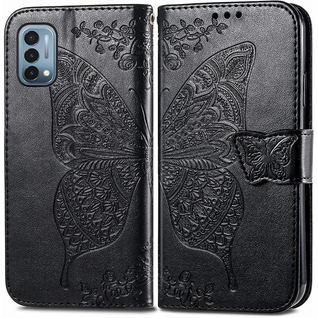 Étui à Rabat, Fleurs Embossées Papillon en Cuir PU, Étui à Rabat Magnétique avec Support, Porte-Cartes, Dragonne, Portefeuille, Porte-Monnaie pour iPhone 13 Pro max (Noir)