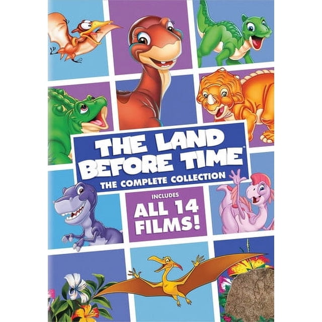The Land Before Time: The Complete Collection DVD set featuring all 14 films. The cover showcases colourful illustrations of beloved dinosaur characters like Littlefoot, Cera, Ducky, Petrie, and Spike in a grid layout. Includes sing-along songs, games, and activities inspired by the series.