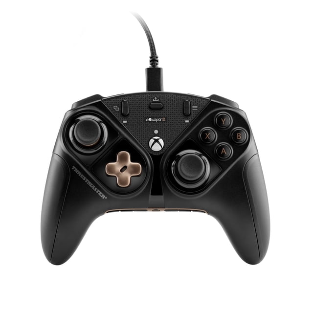 Thrustmaster - eSwap X 2 Pro Controller - Black - Compatible with XBOX series X|S, PC centered front view of a black modular controller with hot-swap modules, mechanical face buttons (0.01" / 0.3 mm activation) and mechanical D-pad (0.02" / 0.45 mm), twin thumbsticks and USB-C port on a plain gray background. Suitable for competitive fighting and arcade-style setups.