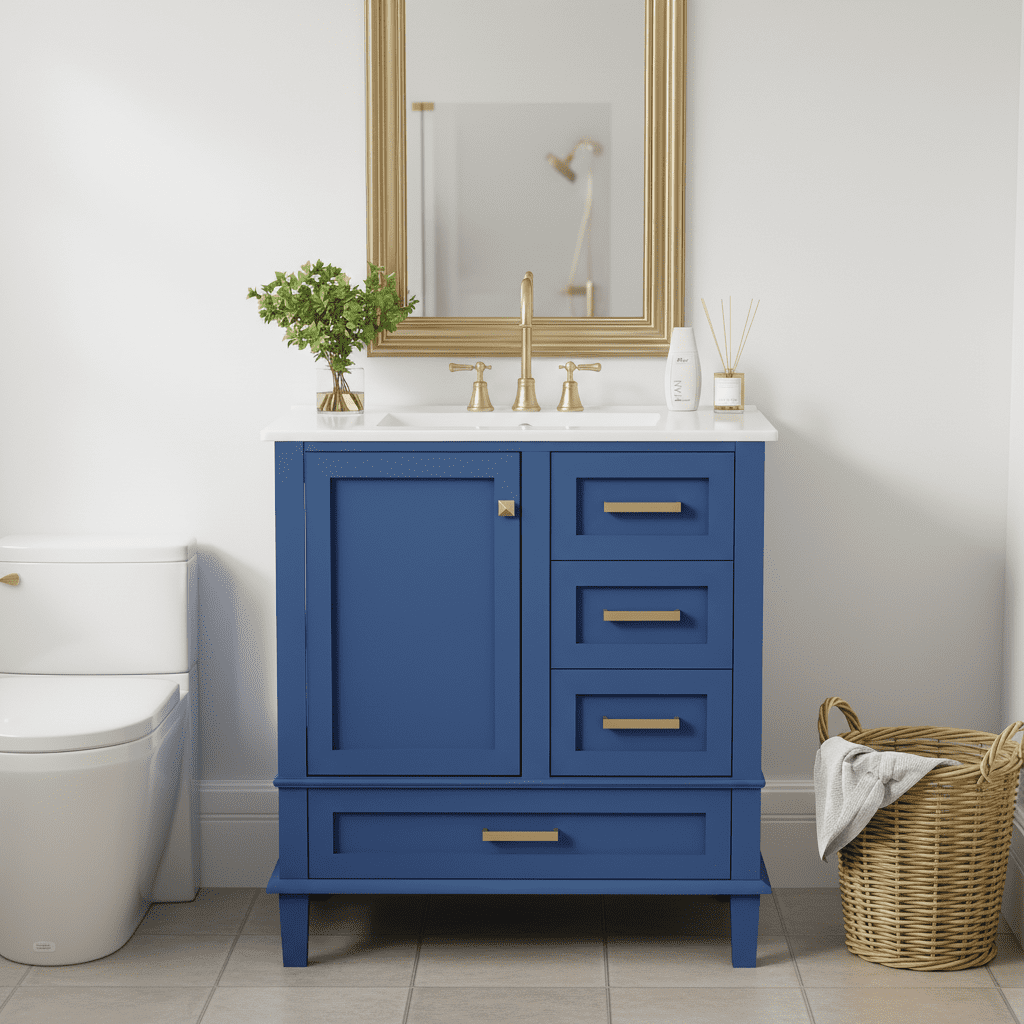 Homy Casa 30 Inch Modern Blue Bathroom Vanity Cabinet Set with Ceramic Basin, Solid Wood Frame, Soft-Close Door & Drawers