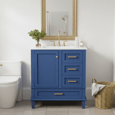 Homy Casa 30 Inch Modern Blue Bathroom Vanity Cabinet Set with Ceramic Basin, Solid Wood Frame, Soft-Close Door & Drawers