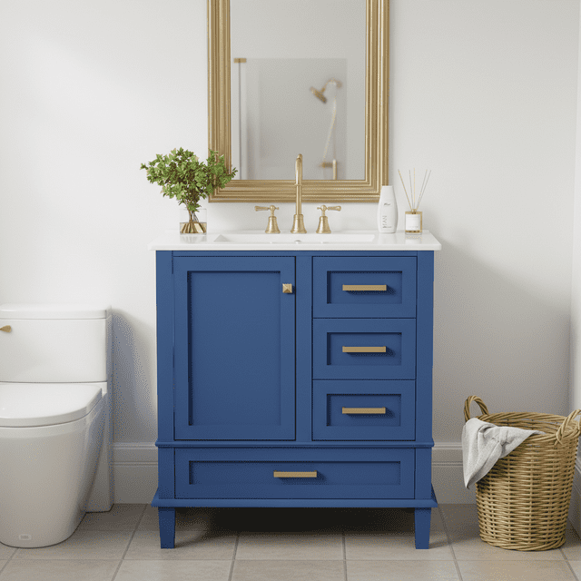 Homy Casa 30 Inch Modern Blue Bathroom Vanity Cabinet Set with Ceramic Basin, Solid Wood Frame, Soft-Close Door & Drawers