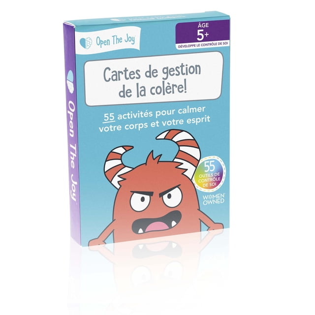Anger Management Cards! - French version box with blue and purple colors, showing a cartoon angry monster with striped horns, containing 55 activities to calm body and mind for children aged 5 and up, by Open The Joy, a women-owned brand, supporting emotional regulation skills development.
