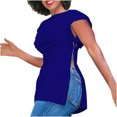 thumbnail image 4 of Liquidation & Promo, T-shirt Blouse Décontracté à Col Rond Manches Courtes Bouffantes avec Fermeture Éclair pour l'Été et Usage Quotidien Polyvalent 95 % Polyester, 5 % Spandex, Bleu, Sopatenor, 4 of 9