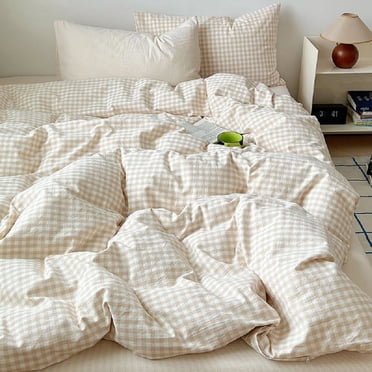 Nayoroom 2 Pieces Boho Plaid Bedding Set Beige Grid Duvet Cover with Zipper Ties 100% Washed Microfiber Bedding Set Luxury Soft Breathable Durable,Twin Size