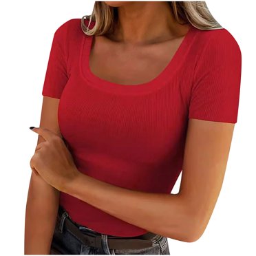 breaise Women's Short Sleeve T-Shirts Low Scoop Neck Slim Fitted Ribbed Knit Crop Top Casual Y2K Tunic Shirt M-3XL Sans frais de transport