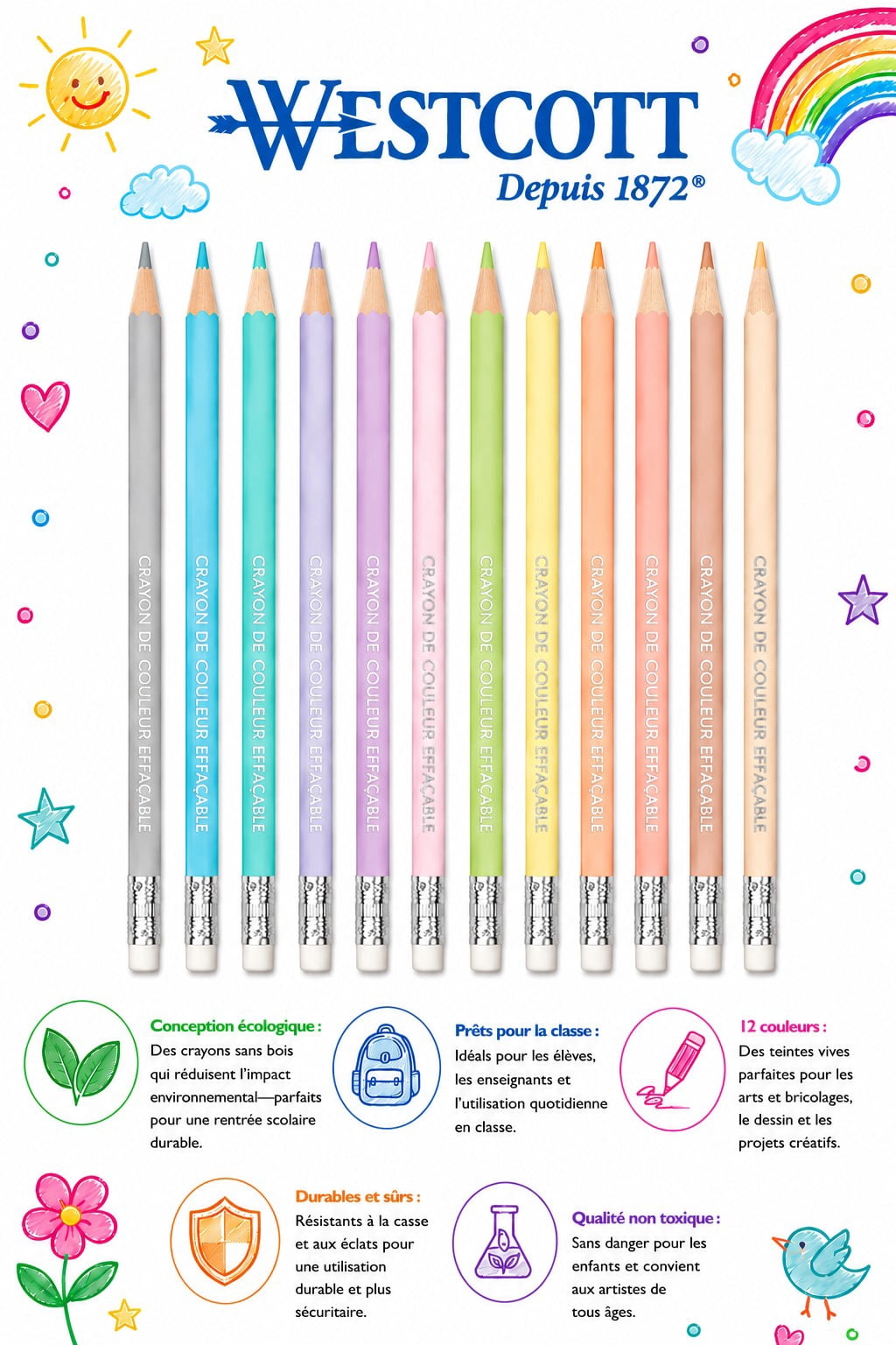 Crayons Westcott en bois sans plomb, crayons de couleur, pastels, palette de couleurs, pack de 12