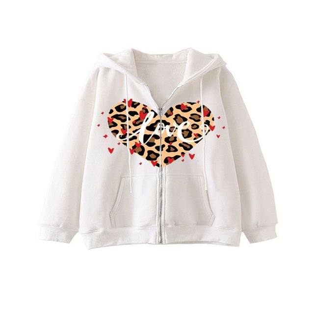 Women Hoodie Heart Letters Leopard Print Sweatshirt with Pockets