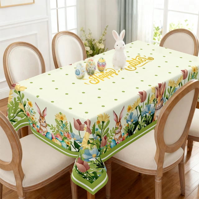 Deeceymbur All Season Waterproof Table Cover Cute Rabbits Easter Egg Floral Print Indoor Outdoor Picnic