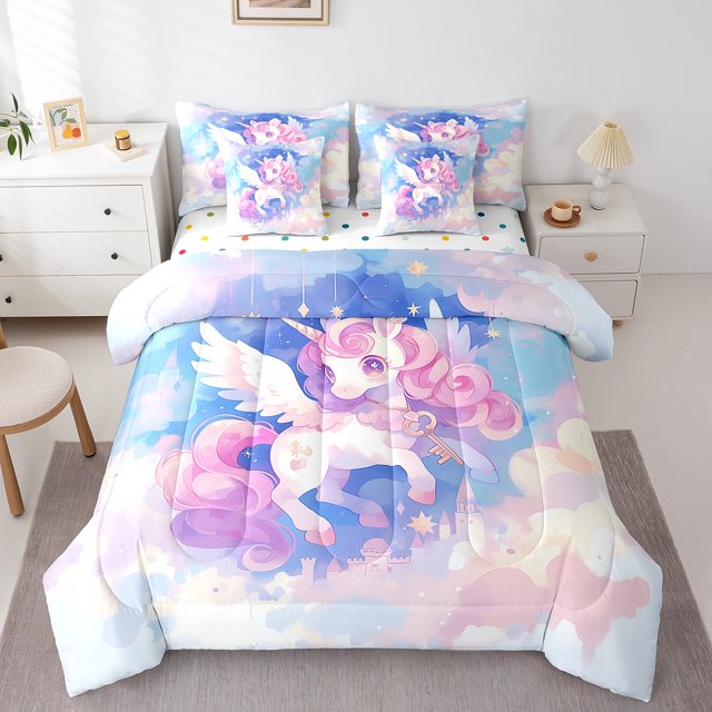 YST Ensemble de Literie Unicorn pour Filles, Ensemble Tout-en-un, 7 Pcs, Format Simple, Mignon Cheval de Rêve