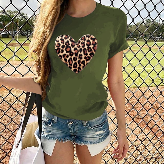 Soki T-Shirts Décontractés pour Femmes à Imprimé Léopard, Col Rond, Manches Courtes