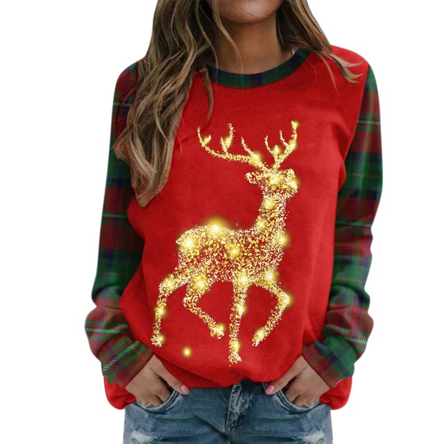 Costumes de Noël en Liquidation Mode Décontractée pour Femmes Manches Longues Col Rond Imprimé à Carreaux Chandail en Molleton Blouse Grande Taille pour Femmes