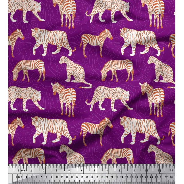Soimoi Purple Velvet Fabric Tiger,Leopard & Wild Animal Printed Craft Fabric by The Yard 58 Inch Wide