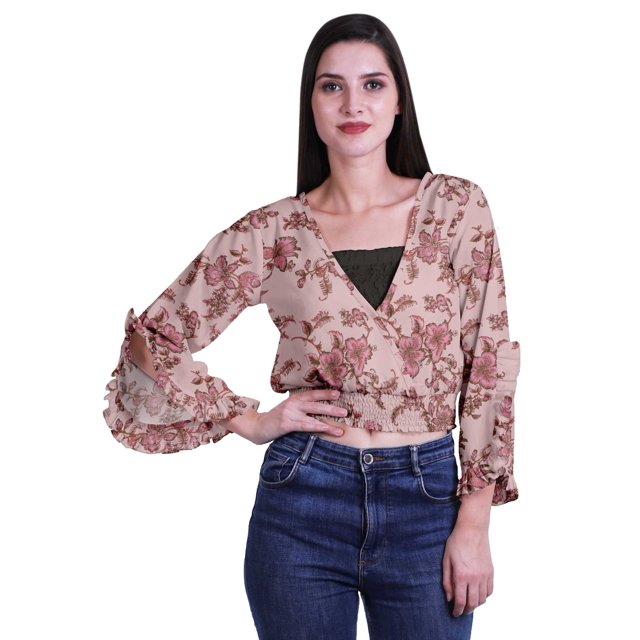 Moomaya Haut Court Imprimé pour Femmes Style Enveloppant Manches Longues à Volants Blouse d'Été Décontractée