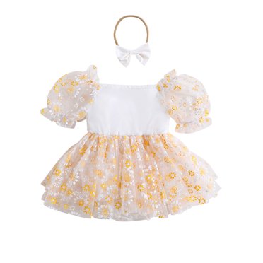Wangsaura Newborn Baby Girl Romper Dress Daisy Print Short Puff Sleeve Mesh Skirt Jumpsuits Bodysuits Headband