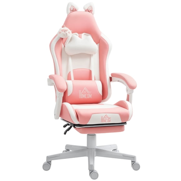 HOMCOM Chaise de Jeu Mignonne, Chaise de Gamer Inclinable avec Repose-Pieds, Rose
