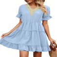 thumbnail image 2 of Women Short Sleeve Mini Dress V Neck Ruffle Casual Dresses A Line Flowy Summer Beach Party Sun Dress, 2 of 7