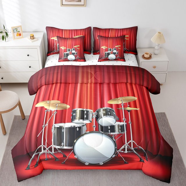 YST Ensemble de Douillette Grand 7 Pcs, Rouge et Or, Ensemble Complet de Batterie Tout-en-un avec Ensemble de Draps pour Enfants et Adultes, Ensemble de Literie Instrument de Musique Jazz, Ensemble de Lit Réversible Hip-Hop Hippie