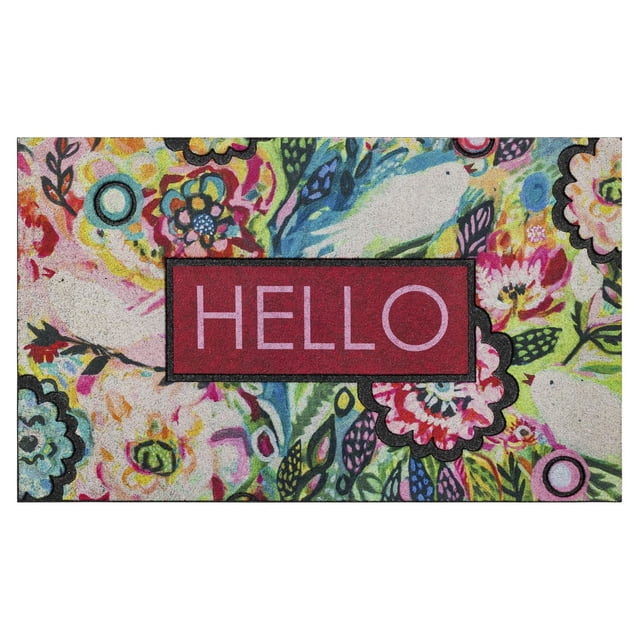 Mohawk Home Soulful Birds Polyester Door Mat 18 x 30 with colorful floral and bird patterns around a red center panel displaying HELLO in pink letters, made with stain-resistant polyester and recycled rubber backing, ideal for indoor and outdoor entryways and suitable as a decorative accent mat.