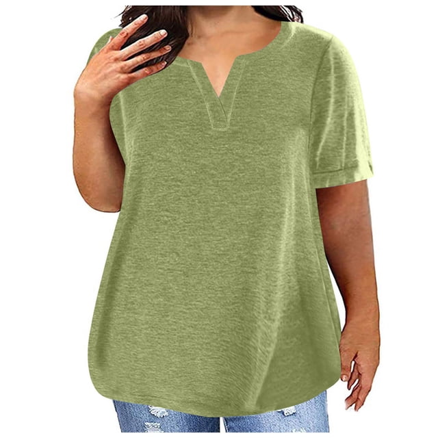 Timegard Plus Size Tops for Women V-Neck Short Sleeve Solid Color Comfy Basic Tee Casual Loose Tops