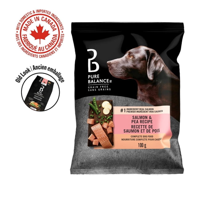 Pure Balance Grain Free Salmon & Pea Recipe Dry Dog Food 100g bag with a brown dog side profile and images of salmon, peas, and vegetables on the packaging, emphasizing real salmon as the first ingredient and made in Canada, supporting healthy digestion and skin.