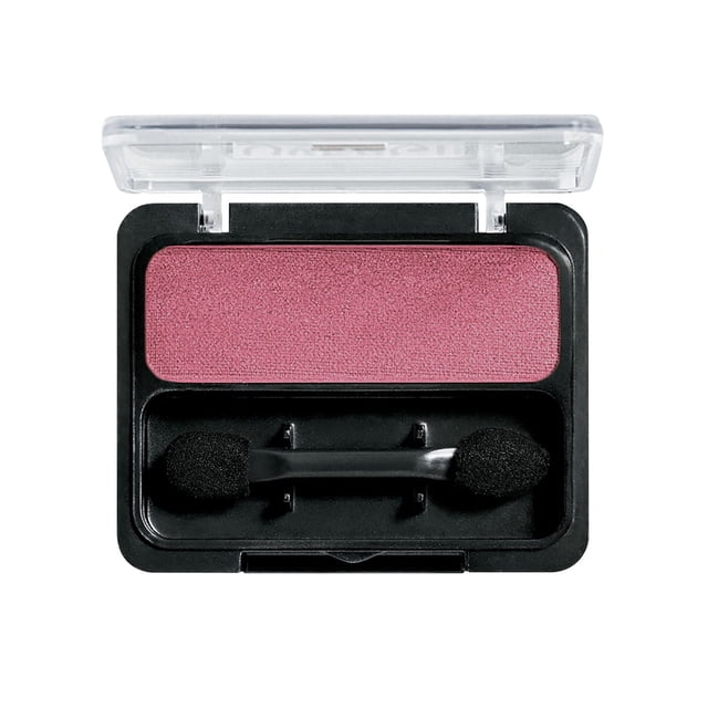 COVERGIRL Eye Enhancers 1-Kit Eyeshadow with a sheer, silky pink powder eyeshadow in a rectangular pan and a double-ended black sponge applicator inside a black compact with a clear lid, designed for easy blending and layering to create natural or dramatic eye looks.