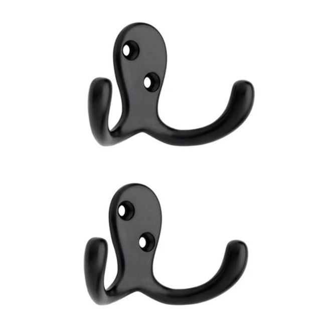 era Welcome Hook 2-pack black, featuring two wall-mounted double-prong metal hooks with a matte black finish, each 2.75in by 1.87in, ideal for organizing coats, hats, keys, and towels in closets or entryways, also suitable for hanging bags or small accessories to keep spaces tidy.