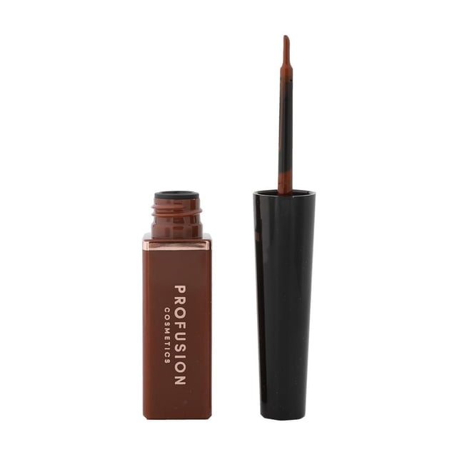 PROFUSION COSMETICS Everlasting Waterproof Liquid Liner in a brown rectangular bottle with white logo text, shown open with a black cap and fine brush applicator coated in brown waterproof liquid eyeliner, suitable for creating precise, long-lasting eye makeup styles.