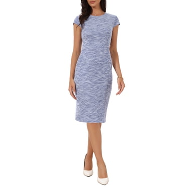 INSPIRE CHIC Women's Tweed Elegant Dress Crew Neck Cap Sleeve Vintage Bodycon Midi Dresses M Royal Blue