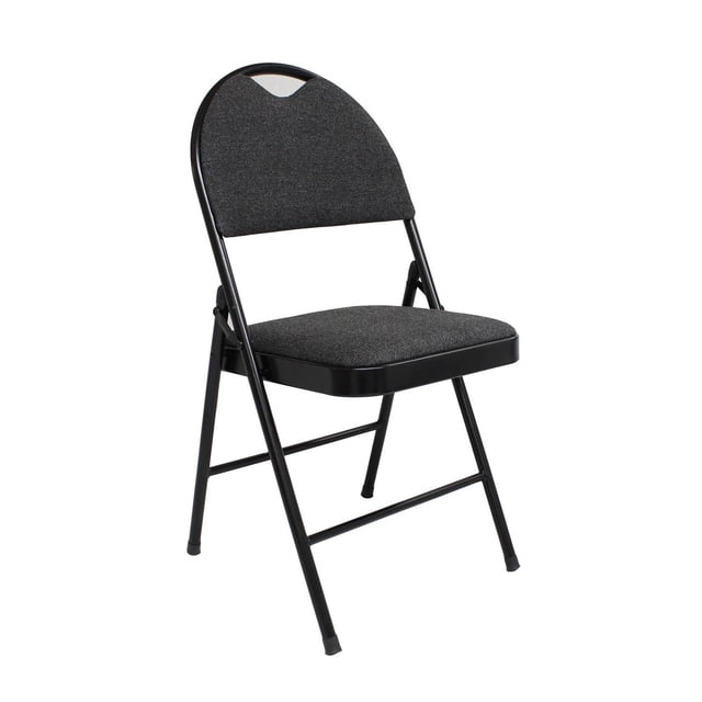 Mainstays Fabric Folding Chair Black with padded fabric seat and backrest featuring pinstripe texture, durable powder-coated steel frame with dual rear cross bars, folds flat for easy storage and transport, shown in a front 3/4 view on white background, ideal for extra seating at gatherings.