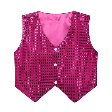 Alvivi Kids Girls Boys Sequins Waistcoat Sleeveless Vest Tops Jazz Hip-hop Street Dance Performance Costume Rose Red-A 10-12