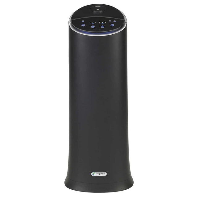 PureGuardian H3200 Ultrasonic 100 Hour Cool Mist Tower Humidifier with Aroma Tray in matte black tower design, featuring digital touch controls with blue LED indicators on top, circular mist outlet, and PureGuardian logo near the base, designed for small to medium rooms with 3-speed mist control, aromatherapy tray, and automatic shut-off.