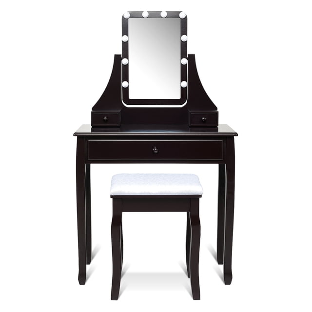 Patiojoy Ensemble Coiffeuse Table Commode avec Lumière DEL et Tabouret Rembourré Brun