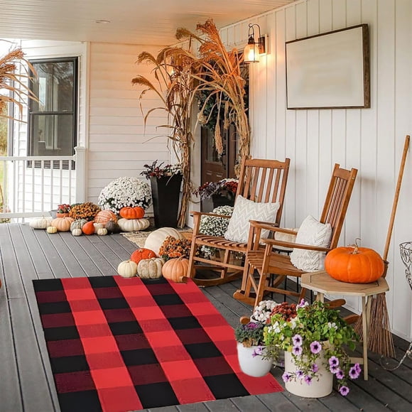 ABPWLY Fall Outdoor Rug Orange Plaid Outdoor Rug Hand-Woven Check Rug Layered Doormats For Front Door/Front Porch/Farmhouses/Entryway/Patio Clearance bathtub mat non slip Canada Days