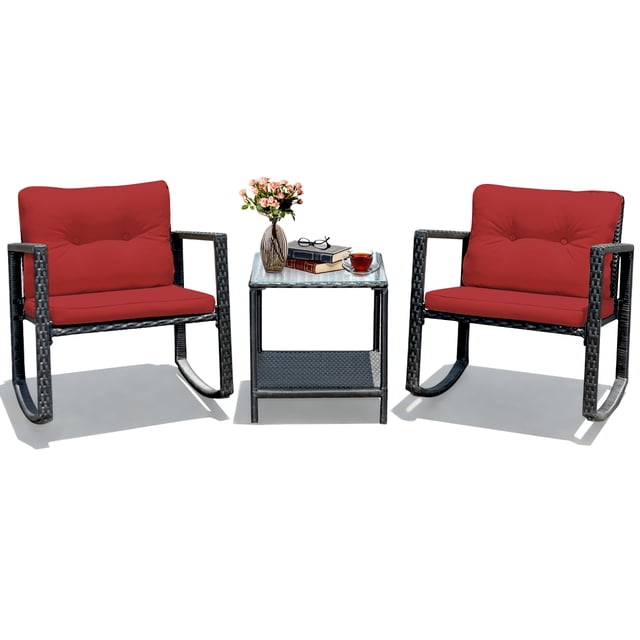 Costway 3PCS Patio Rattan Furniture Set Rocking Chairs Cushioned Sofa Burgundy