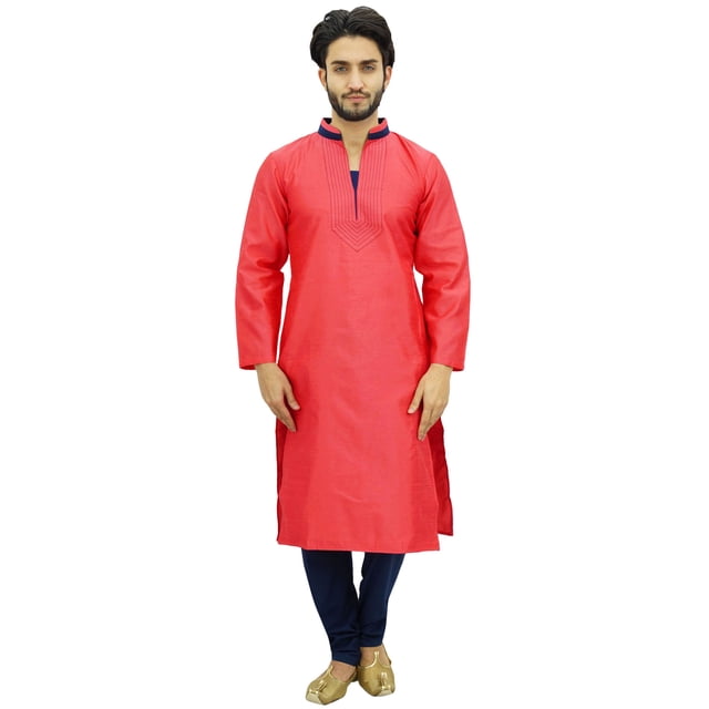 Atasi Ensemble Kurta Pyjama de Fête Pêche pour Homme, Chemise Dupion Longue - Grand