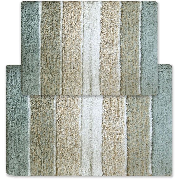 Benzara CHN-CHB002-2 Chardin Home-100 % Coton Pur-Ensemble de 2 Tapis de Bain à Rayures Cordiales, (24 Pouces X 40 Pouces et 21 Pouces X 34 Pouces) Gris-Beige avec Endos Antidérapant à Fini X