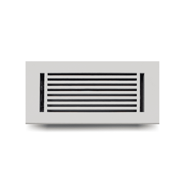 Floor Vent Cover / Register 4” x 10” with Damper, designed for ventilation with a 6” x 12” outer size and 5mm thick decorative cast aluminum construction. Powder-coated finish in a modern linear design, suitable for floors, walls, and ceilings. Includes removable steel damper for airflow control.