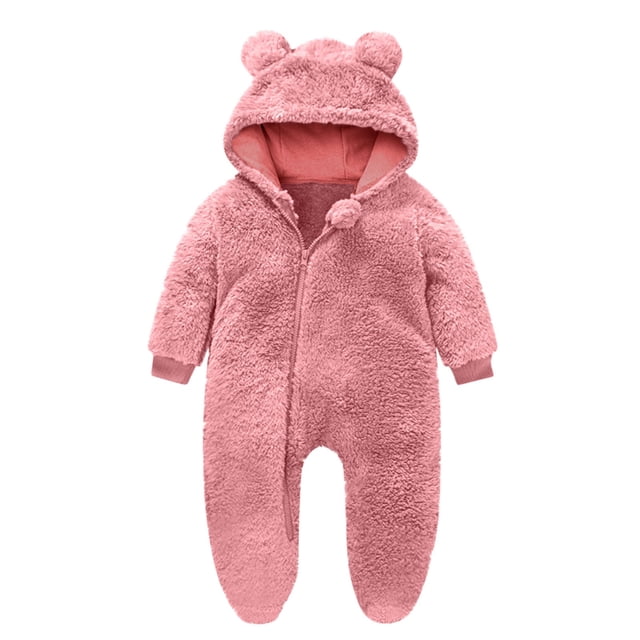 AherBiu Infant Rompers Fleece Hooded Jumpsuits Zip up Bodysuits Fall Winter Solid Color Warm Fuzzy Newborn Baby Clothes Sets