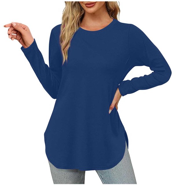 Yuyuzo Womens Tops Crew Neck Long Sleeve Side Split Solid Color Loose Casual Basic Fall Tunic Top